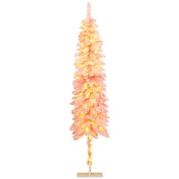 HOMCOM 6 FT Pencil Prelit Artificial Christmas Tree Holiday Decoration with Snow Flocked Branches, Warm White LED Lights, Downswept Shape, Pink