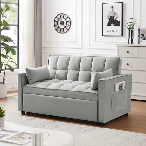 MAYEERTY Modern Velvet Loveseat Futon Sofa with Toss Pillows Pockets for Living Room Bedroom Small Space Gray - 1 of 4