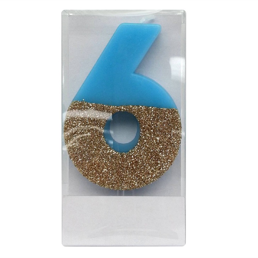 Photos - Other Jewellery Number 6 Glitter Candle Blue/Gold - Spritz™