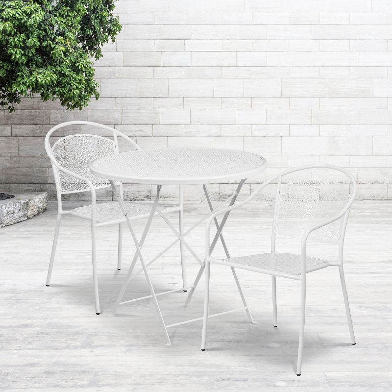 Emma and Oliver Commercial Grade 30" Round Metal Folding Patio Table Set w/ 2 Round Back Chairs, 2 of 5