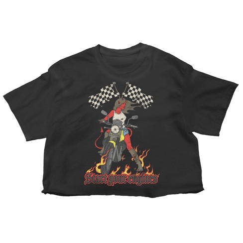 Start Your Engines She-Devil With Motorcycle Women’s Black Crew Neck Short Sleeve Baby Crop Tee - image 1 of 3