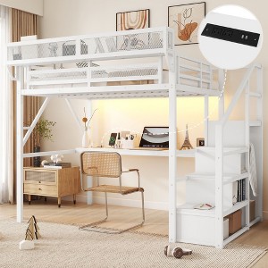Queen Loft Bed with Desk and Charging Station Queen Size Metal Loft Bed with Stairs and Light for Kids Teens White - 1 of 4