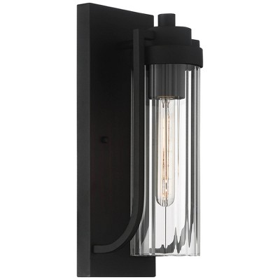 Bogota 15.5" Textured Black Outdoor Wall Lights with Clear Ribbed Glass - Set of 2