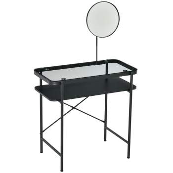HOMCOM Modern Glasstop Vanity Table with Mirror,  Makeup Dressing Table with Rotating Round Mirror, Shelves for Perfumes, Cosmetics, Lotions, Black