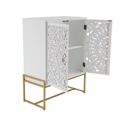 Elegant 42'' White Wood Carved Floral Cabinet with Gold Accents