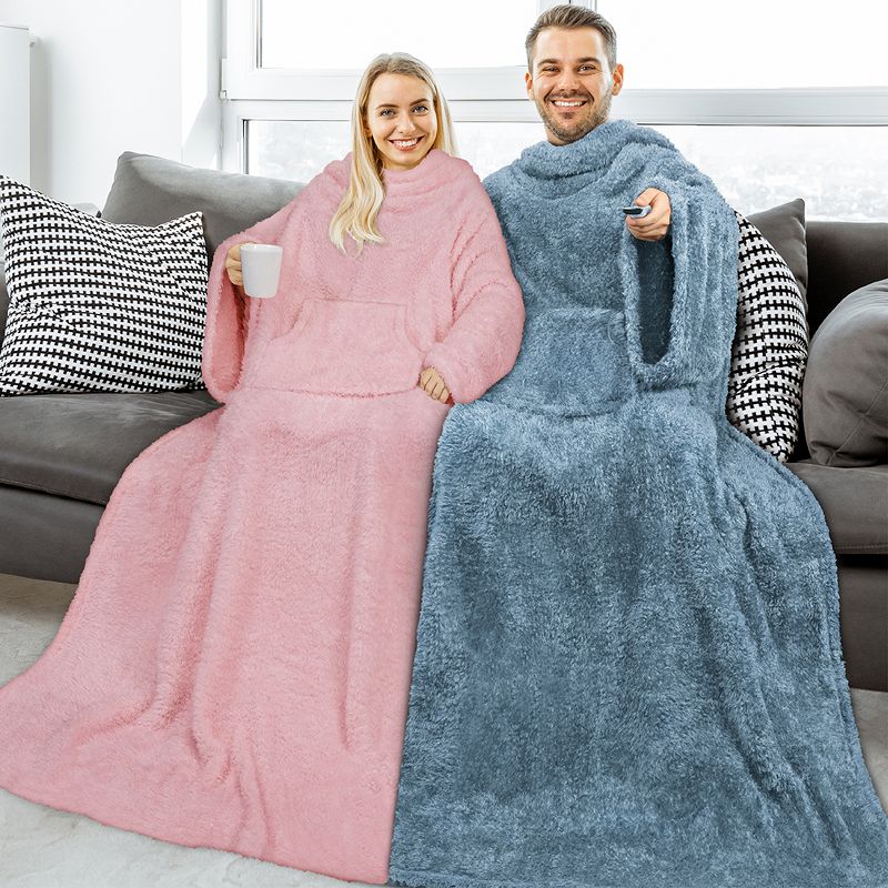PAVILIA Fluffy Wearable Blanket with Sleeves for Women Men Adults, Fuzzy Warm Plush Snuggle Pocket Sleeved TV Throw, 4 of 10