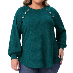 Women's Plus Size Ribbed Knit Button Decoration Crew Neck Long Sleeve Casual Tunic Blouses - Agnes Orinda - 1 of 4