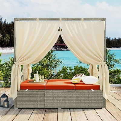 Outdoor Wicker Patio Daybed with Curtain, Sunbed Lounger with Adjustable Backrest, Sunbed with Iron Frame and Foam Cushions–Cuddlewood