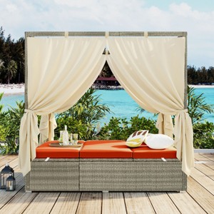 Outdoor Wicker Patio Daybed with Curtain, Sunbed Lounger with Adjustable Backrest, Sunbed with Iron Frame and Foam Cushions–Cuddlewood - 1 of 4