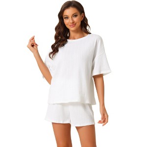 cheibear Women's Lounge Outfits Casual Round Neck Shorts Sleeves Ribbed Tops with Shorts Pajama Sets - 1 of 4