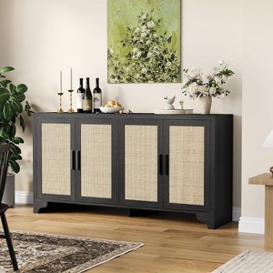 Rattan Buffet Sideboard Cabinet, 4-Door Storage Cabinet with Shelves, Wooden Console Table with Storage, Modern Farmhouse Accent Cabinet - 1 of 4