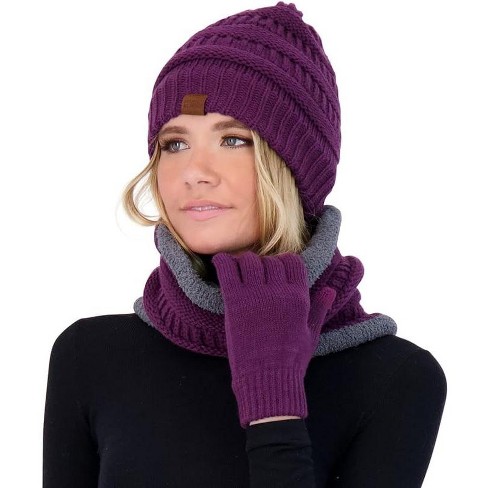 Women Winter Beanie Hat, Infinity Scarf, and Screen Friendly Gloves Set,  Cold Weather Snow Gear for Adults - Purple