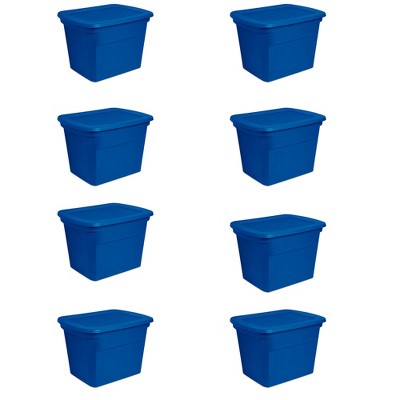 Sterilite 18 Gallon Plastic Stackable Storage Tote Container Box, Blue (8 Pack)