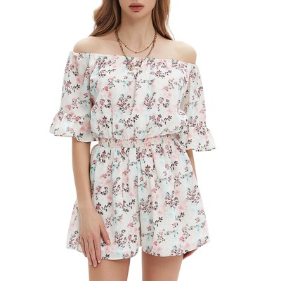 EXLURA Women's Summer Floral Romper Dress Off Shoulder Ruffle Elastic Wasit Wide Leg Shorts Jumpsuit Vacation Beach 2025