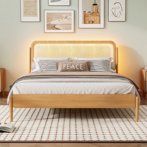 TiramisuBest Queen Size Wood Storage Platform Bed with LED Light, Rattan Headboard - 1 of 4