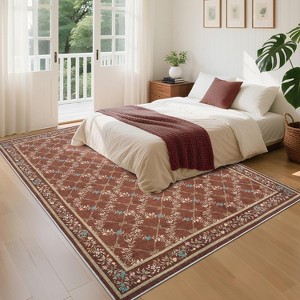 GustoWave Various sizes Floral Neutral Washable Hallway Low Pile Area Rug for Bedroom, Living Room, Red - 1 of 4