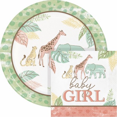 Creative Converting Safari Baby Animal Girl's Birthday Plates and Napkins Set 16ct