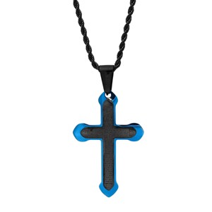 Steeltime 24" Men's black and blue ip stainless steel Padre Nuestro spanish prayer cross pendant - 1 of 4