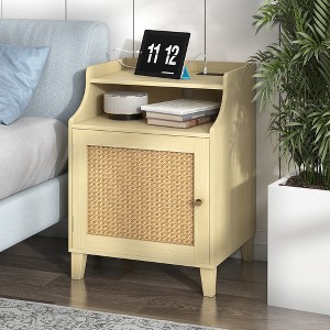 Racxily Nightstand with Charging Station Bedside Table with Rattan Door&Adjustable Shelf, Wood Couch Side Table End Table for Bedroom, Natural Oak - 1 of 4