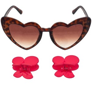 Willow & Ruby Kid's Fun Sunglasses with Hair Clip Set for Girls - Sunnies & Claws in Leopard Heart & Cherry Claws - 1 of 4
