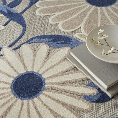 Aloha Daisy Blue/Grey Floral 9' x 12' Easy-Care Outdoor Rug