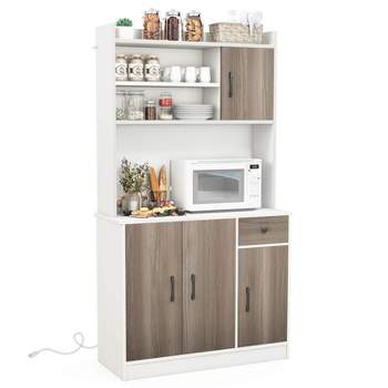 Costway 4-Door 71'' Kitchen Buffet Pantry Storage Cabinet w/Hutch Adjustable Shelf White