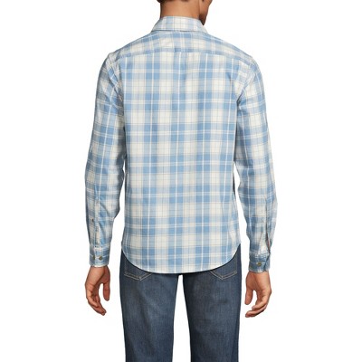 Large Blue and Ivory Plaid Cotton Blend Flannel Button-Up Shirt