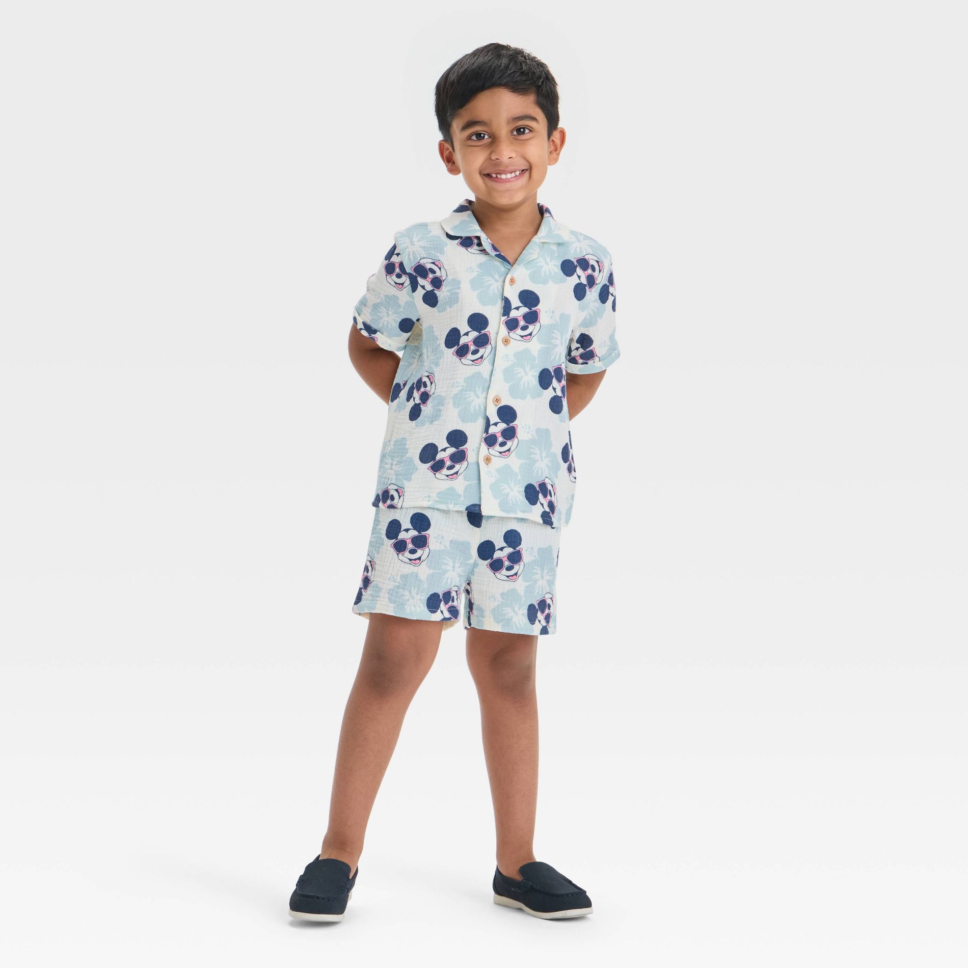 Toddler Boys' 2pc Mickey Mouse Woven Gauze Button-Up Top & Shorts Set - Blue 2T