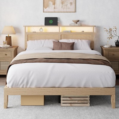Queen Size Bed Frame Rattan Headboard with LED Lights and Charging Station Boho Bedframe with Storage Shelf and Under Bed Storage Solid Wood Support