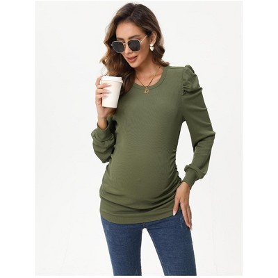 Ribbed Maternity Tunic with Puff Sleeves Mock Neck Ruched Sides