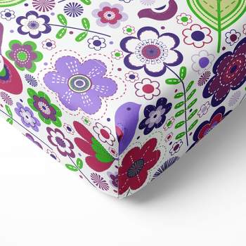 Bacati - Botanical Floral with Birds Purple Multicolor 100 percent Cotton Universal Baby US Standard Crib or Toddler Bed Fitted Sheet