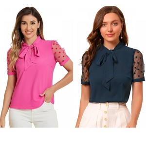 INSPIRE CHIC Women's Bow Tie V Neck Stand Collar Short Mesh Sleeve Blouse 2 Packs - 1 of 4