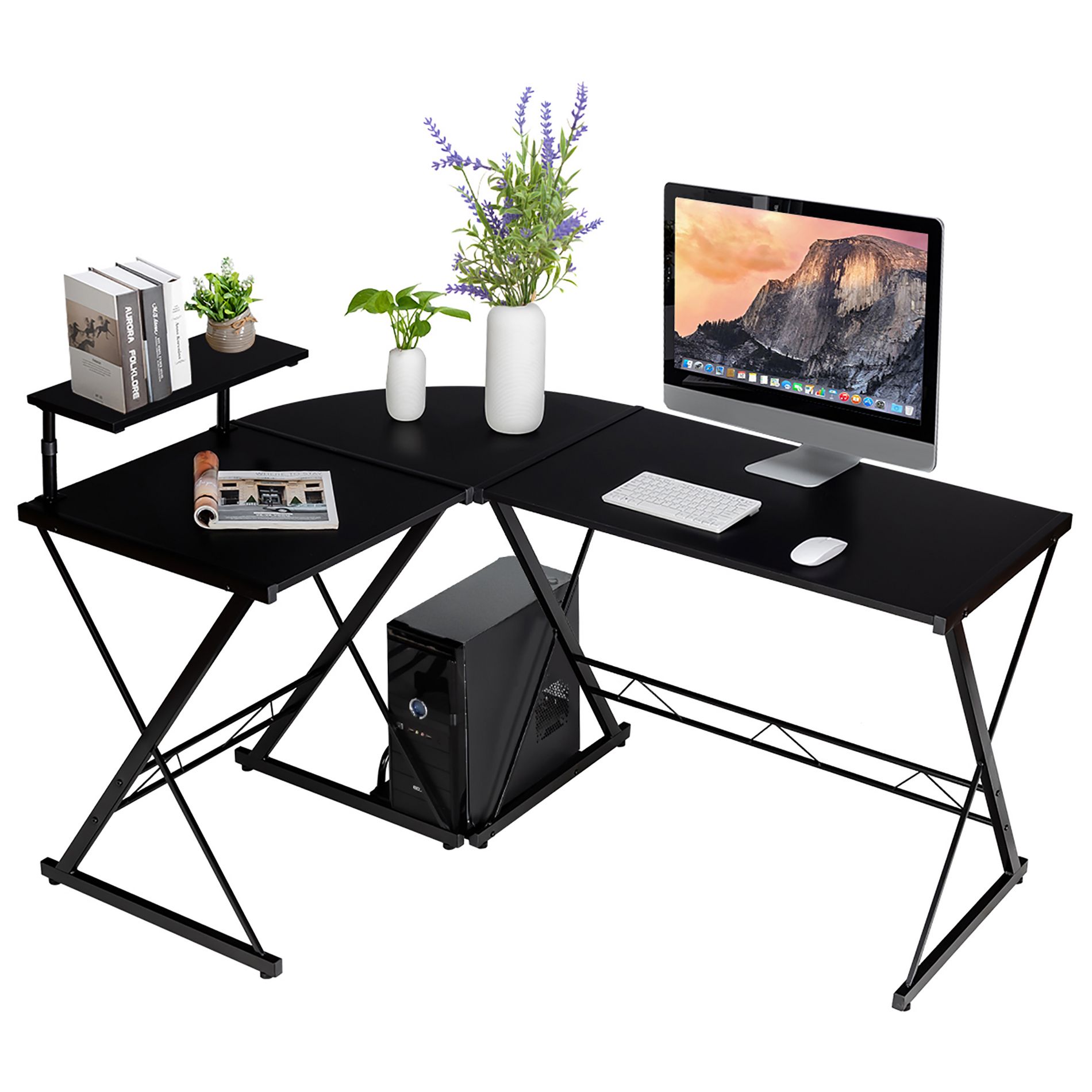 Costway 58'' x 44'' L-Shaped Computer Gaming Desk w/ Monitor Stand & Host Tray Home Office