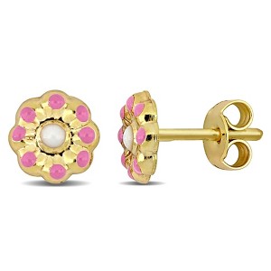 EVERLY JEWELRY | 14k Yellow Gold Pink and White Flower Enamel Stud Earrings - 1 of 4