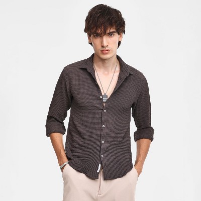 Campus Sutra Men Men's Charcoal Black Weave-Textured Shirt