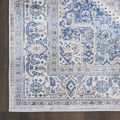 Beige Blue Floral Synthetic Flatweave Runner Rug