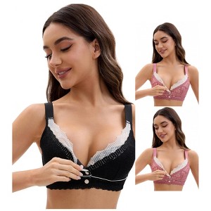 INSPIRE CHIC Front Closure for Women's Lace Full Coverage V Neck Wirefree Adjustable Straps Bras 3 Packs - 1 of 4
