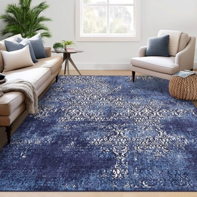 Vintage 8x10 Machine Washable Area Rug Non-Slip Non-Shedding Distressed Carpet Low Pile Indoor Foldable Printed Floral Rug for Living Room Bedroom