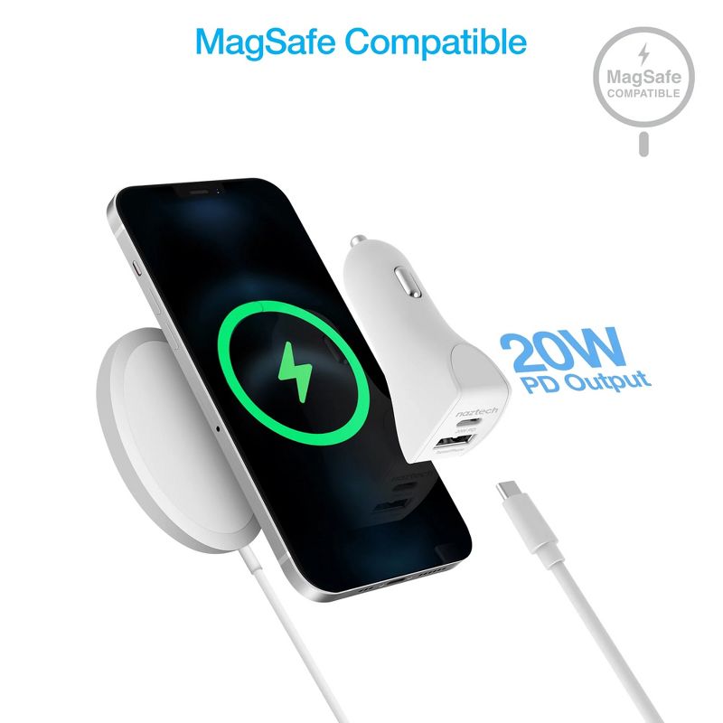Naztech 20W USB-C PD + 12W USB Fast Car Charger | 4' MFi Lightning Cable | White, 5 of 8