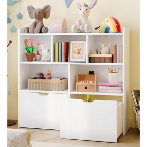 Toy Storage Organizer with Movable Drawers, Kids Bookshelf with Hidden Wheels and 5 Open Cubbies, Multifunctional Floor Storage Chest for Playroom - 1 of 4