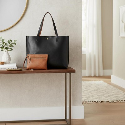 Сумки Lakeside The Lakeside Collection Women's Faux Leather Reversible Tote Bag with Matching Purse - Black/Cognac — фото 7
