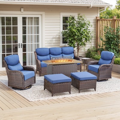 7-Piece Patio Furniture Set with Fire Pit,Wicker Patio Sofa Set Outdoor Swivel Rocking Chairs with Ottomans