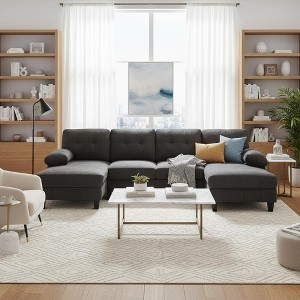 Homy Casa U-Shaped Sectional Sofa with Storage Pockets and Armrest Pillows, Modern 6-Seat Living Room Couch,Black - 1 of 4