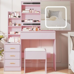 Vanity Desk with Mirror , Makeup Vanity Desk with Sliding Lighted Mirror, Dressing Table with 4 Drawers, Storage Shelves & Cushioned Stool - 1 of 4