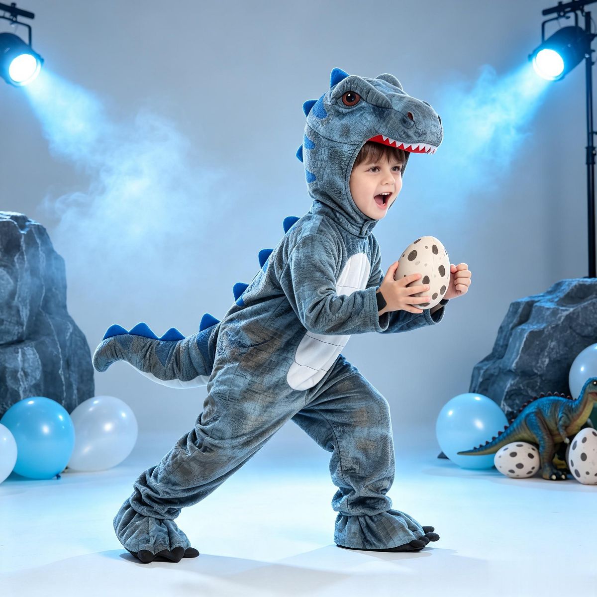 Joyfy Halloween Costume Dinosaur Jumpsuit for Kid, T-Rex Outfit with 3D Hood, Tail & Egg –Animal Suit for Boys Girls Dress Up Party - thumbnail 2