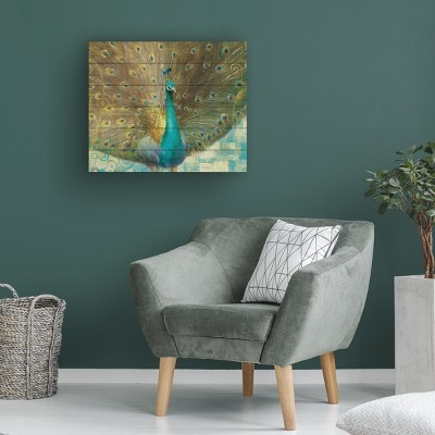 Teal Peacock on Gold Mixed Media Canvas Art