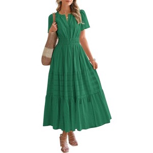 Women's 2025 Summer Casual Midi & Maxi Dress - Lightweight V-Neck Boho Beach Dress with Elastic Waist & Pockets Dark Green - 1 of 4
