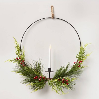 17in Prelit LED Black Hoop Greenery and Candle Artificial Wreath - Wondershop™