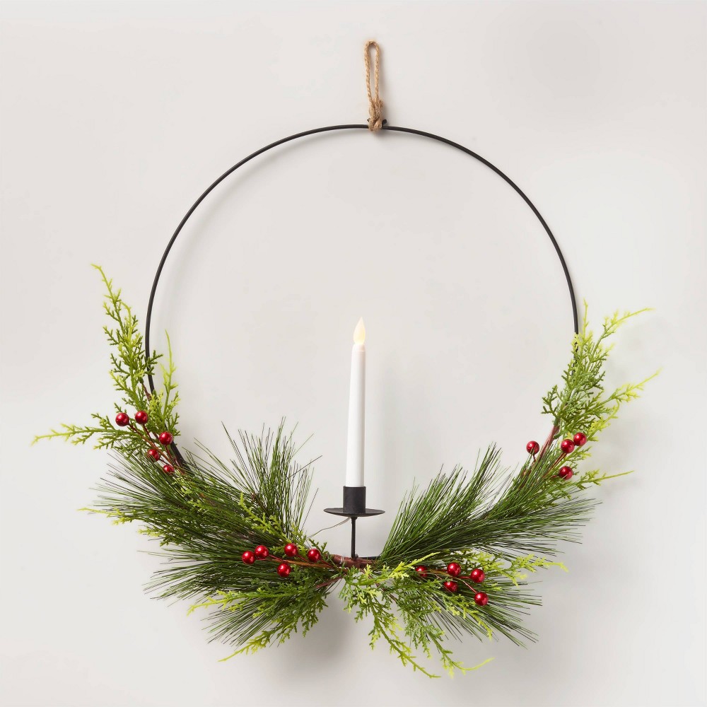 17in Pre-lit LED Black Hoop Greenery and Candle Artificial Christmas Wreath - Wondershop