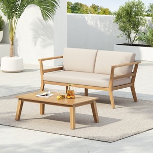 Scott Living Edith Outdoor Slat-Back Acacia Wood Loveseat and Coffee Table Patio Set with Water-Resistant Beige Cushions - 1 of 4